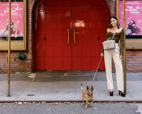 casual dog walking outfit with designer bag 