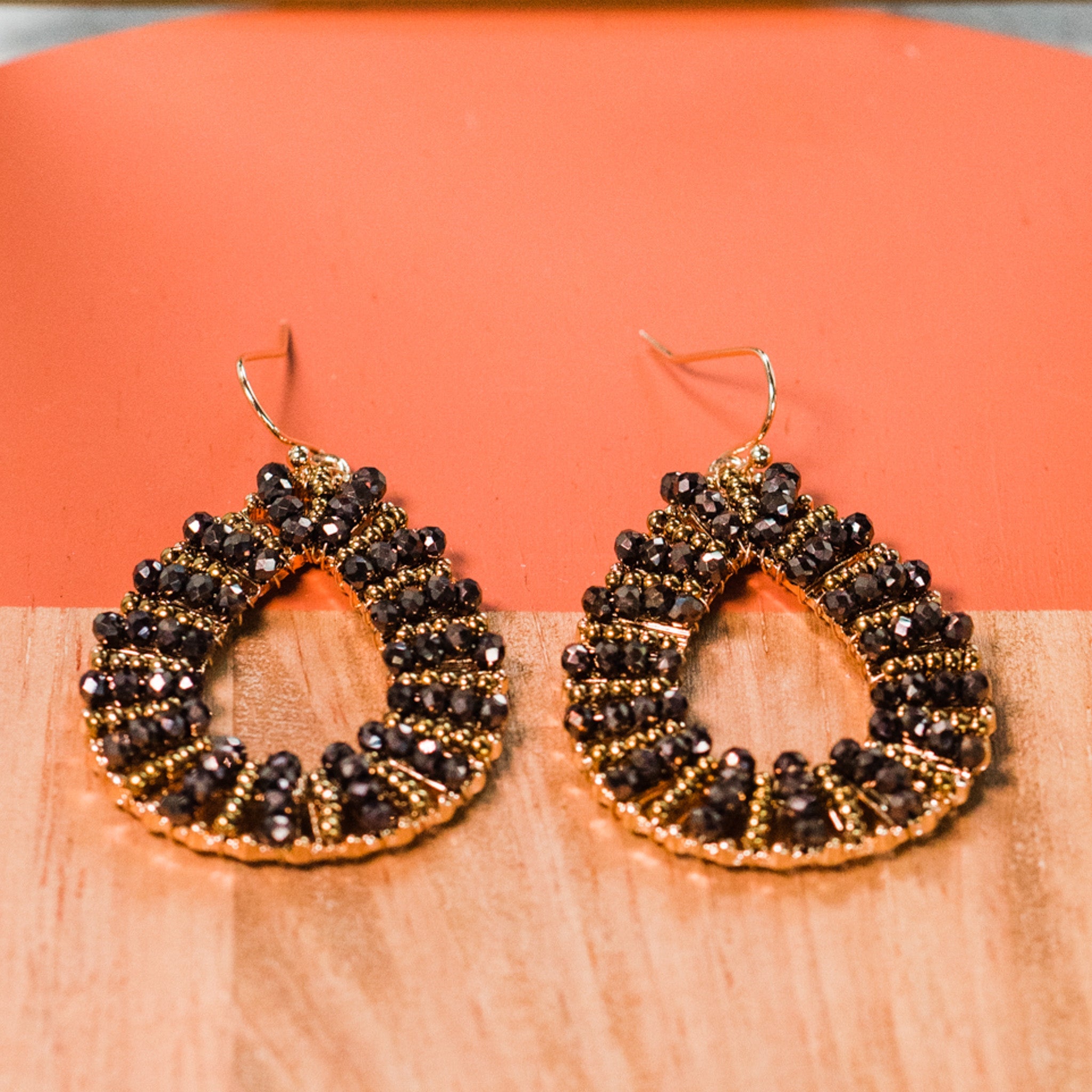 Bronze Seed Bead and Crystal Teardrop Earrings