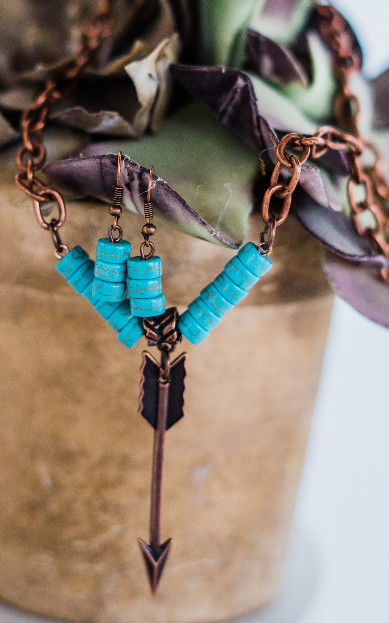 Faux Turquoise Necklace with Arrow Charm