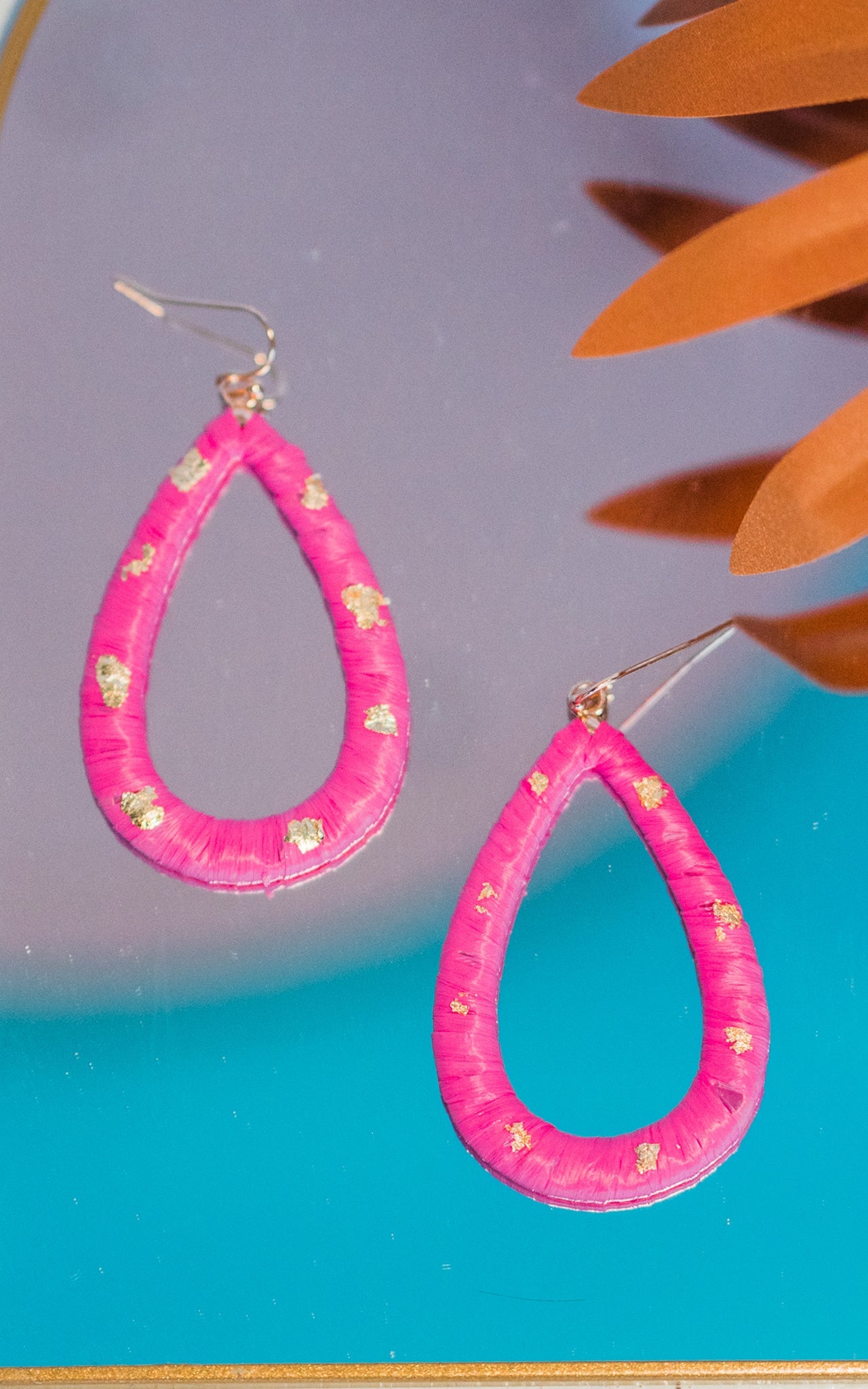 Pink and Gold Raffia Teardrop Earrings