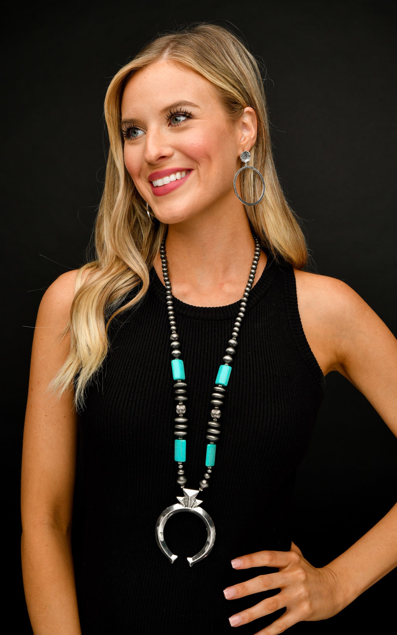 Faux Navajo Pearl and Turquoise Necklace with Large Naja Pendant