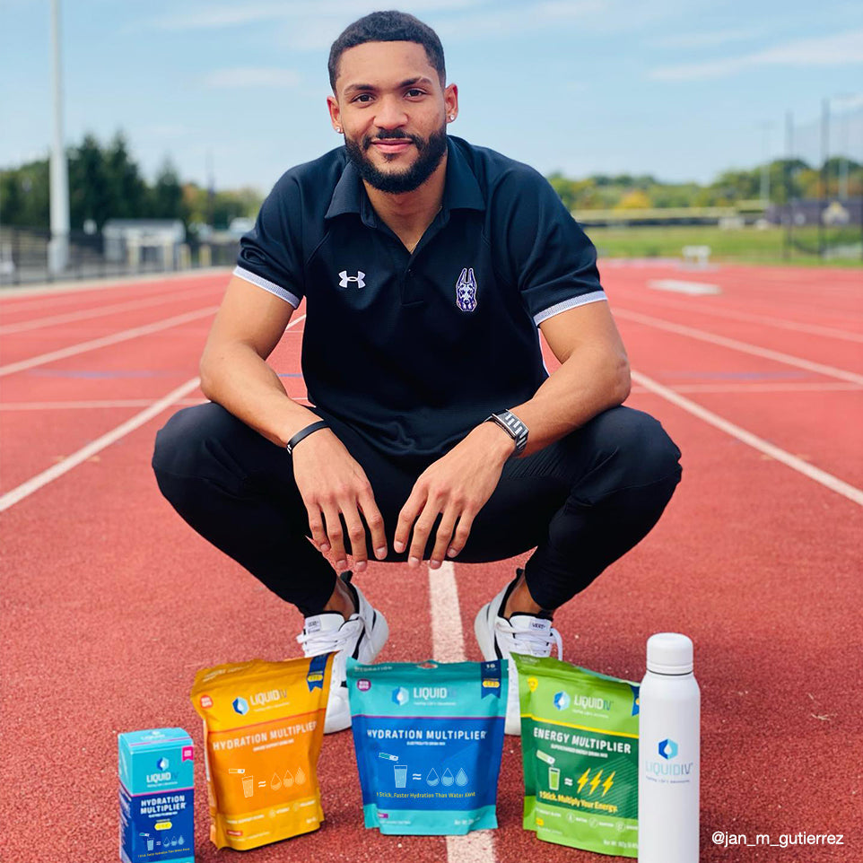 LIV college athlete with various Liquid I.V. products