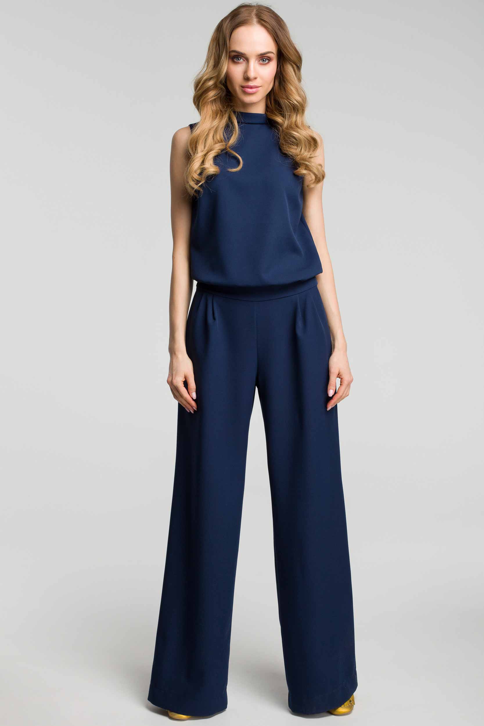 Navy Blue Wide Leg Jumpsuit With Split Back – So Chic Boutique