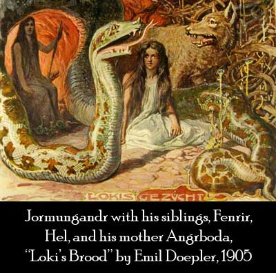 Jormungandr with Fenrir and Hel, Loki's Brood, Norse Dragon Symbolism