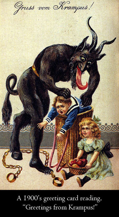 Krampus stuffing bad children into his sack