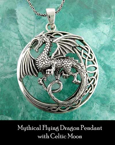 Mythical flying dragon pendant with Celtic moon