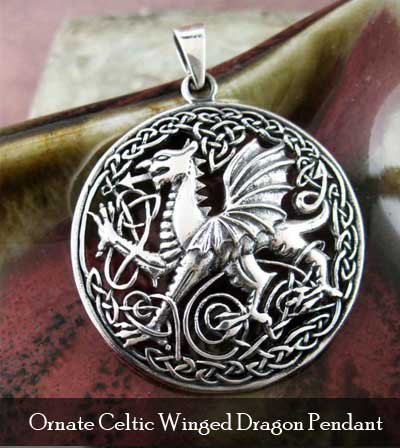 Ornate Celtic Winged Dragon Pendant