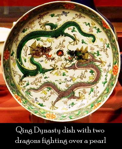 Qing Dynasty dish with two dragons fighting over a pearl