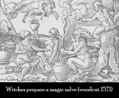 Witches making a magic salve or flying ointment out of hallucinogenic herbs