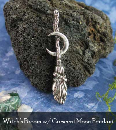 Witch's Broom with Crescent Moon Pendant