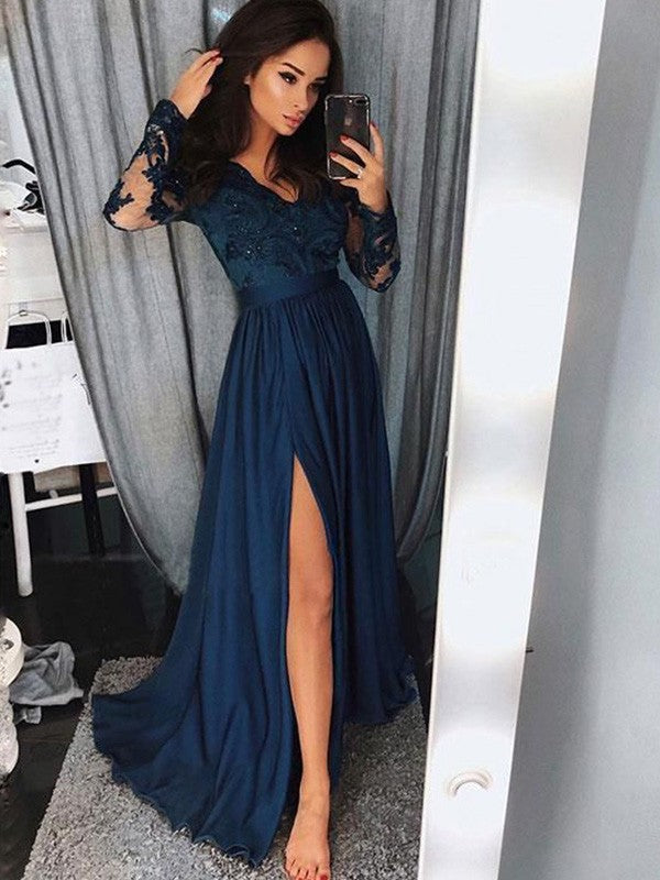 long dark blue prom dresses