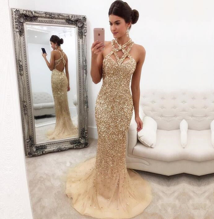 champagne glitter prom dress