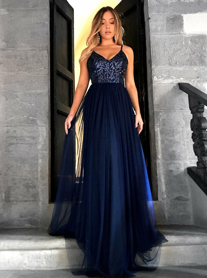 navy blue sequin evening gown