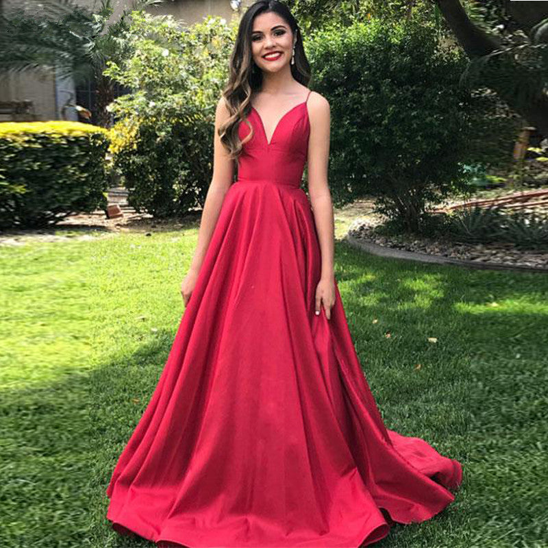 satin spaghetti strap prom dress