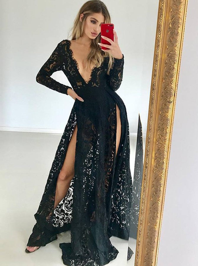 Black Deep V Neck Prom Dresses With Split Long Sleeves Lace Floor Length Evening Dresses Size 0