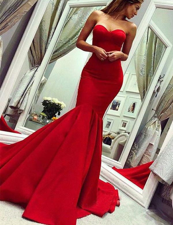 red strapless formal gown