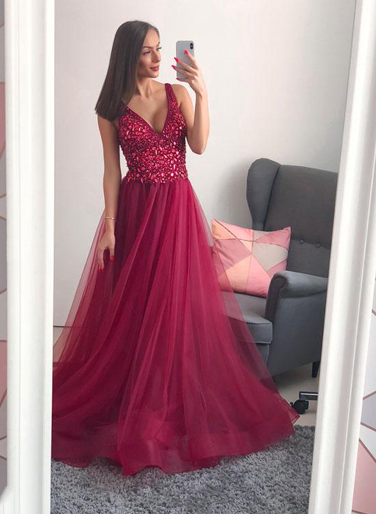 burgundy glitter prom dress