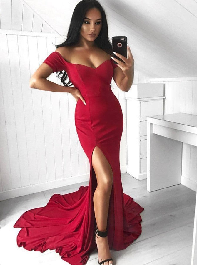 Mermaid Red Satin Off The Shoulder 