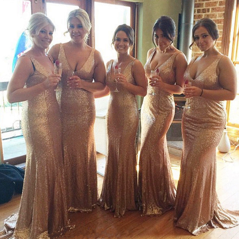 champagne sequin bridesmaid dresses long