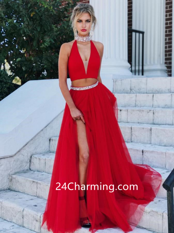 red halter prom dress