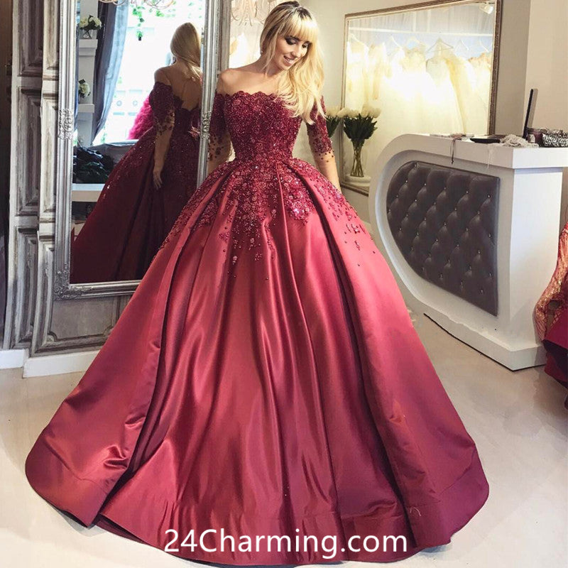 off the shoulder prom dress with sleeves