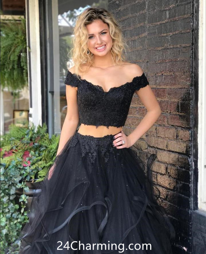 two piece black lace prom dress