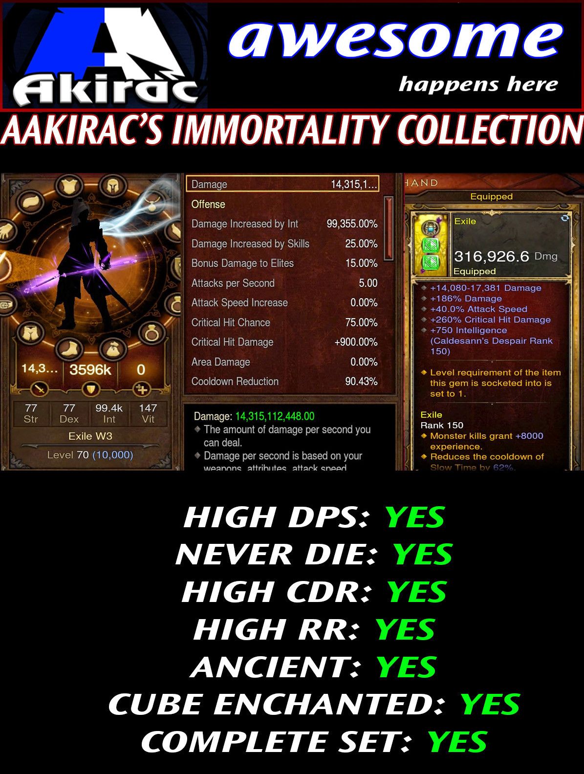 Diablo 3 Immortal v1 Magnum Opus Wizard Set for Rift 80-130 Exile