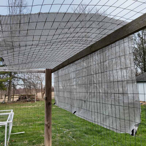 Close up of reflective shade cloth wrapped over the top and side of the chicken run.Secured to chicken run fencing with black circular shaped clips.