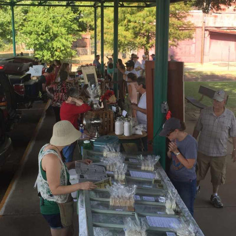 Overhead view of farmer's market booth with produce for sale and people lined up to buy it.