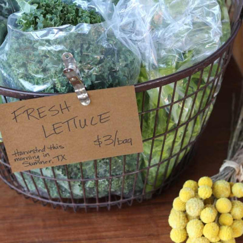Lettuce in bags for sale at farmers market sitting in a basket on a table.