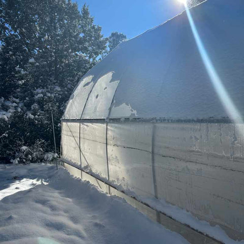 External view of a hoop house in the snow.