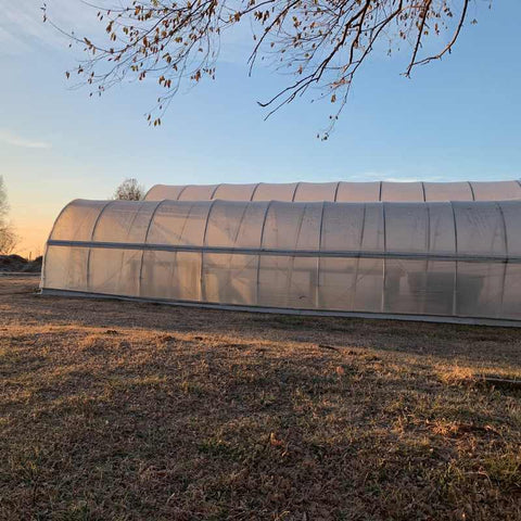 Side view of two hoop houses outlined by sunset light. the hoop hose in the back is taller than the one in the front.