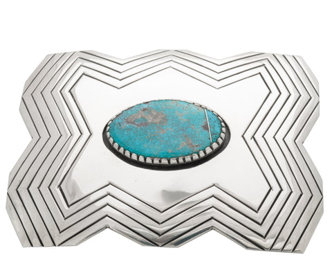Kee Joe Benally Buckle of Sterling Silver and Turquoise in Lightning Design