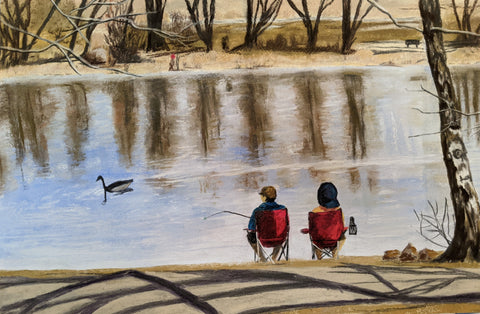 Reel RelaxingA couple fished at a pond with a goose swimming by, Late fall or early winter scene