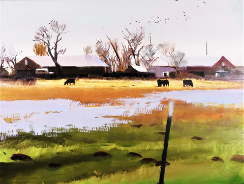 Spring  Water framed original oil painting  of farm scene with grazing cattle in a meadow by a streamby Jon Madsen