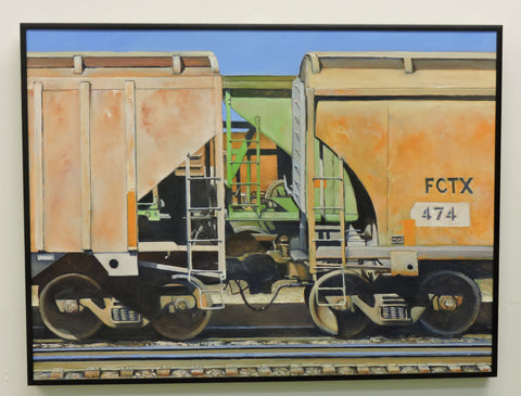 original oil painting of boxcars in a rail yard