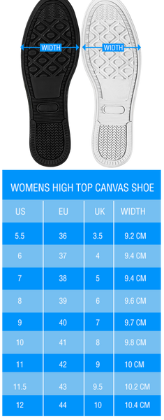 Women's High Tops Width Size Chart