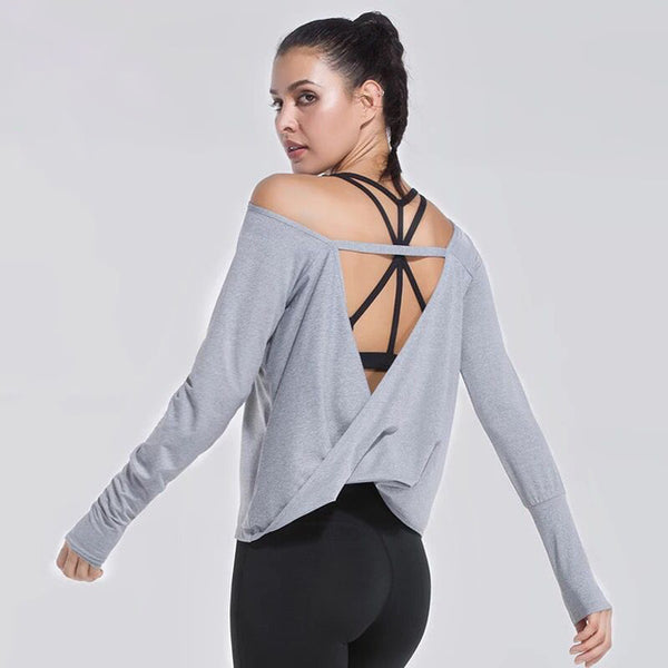 Women Sport T Shirts Sexy Backless Yoga Tops Long Sleeve Fitness Running Clothes Female Breathable Loose Yoga Shirt Sportswear