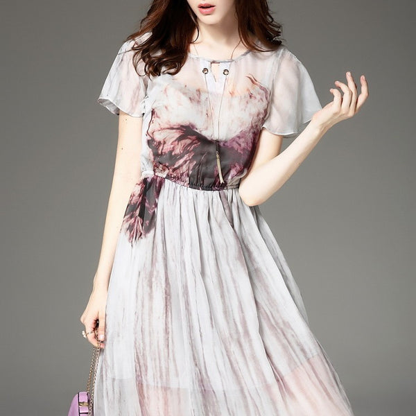 Knee Length Floral One Piece Dress Cheap Frills Jewellery