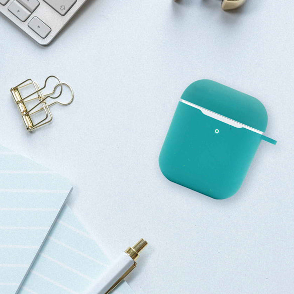 Office Flatlay of Airpods Case in Ocean Blue Color