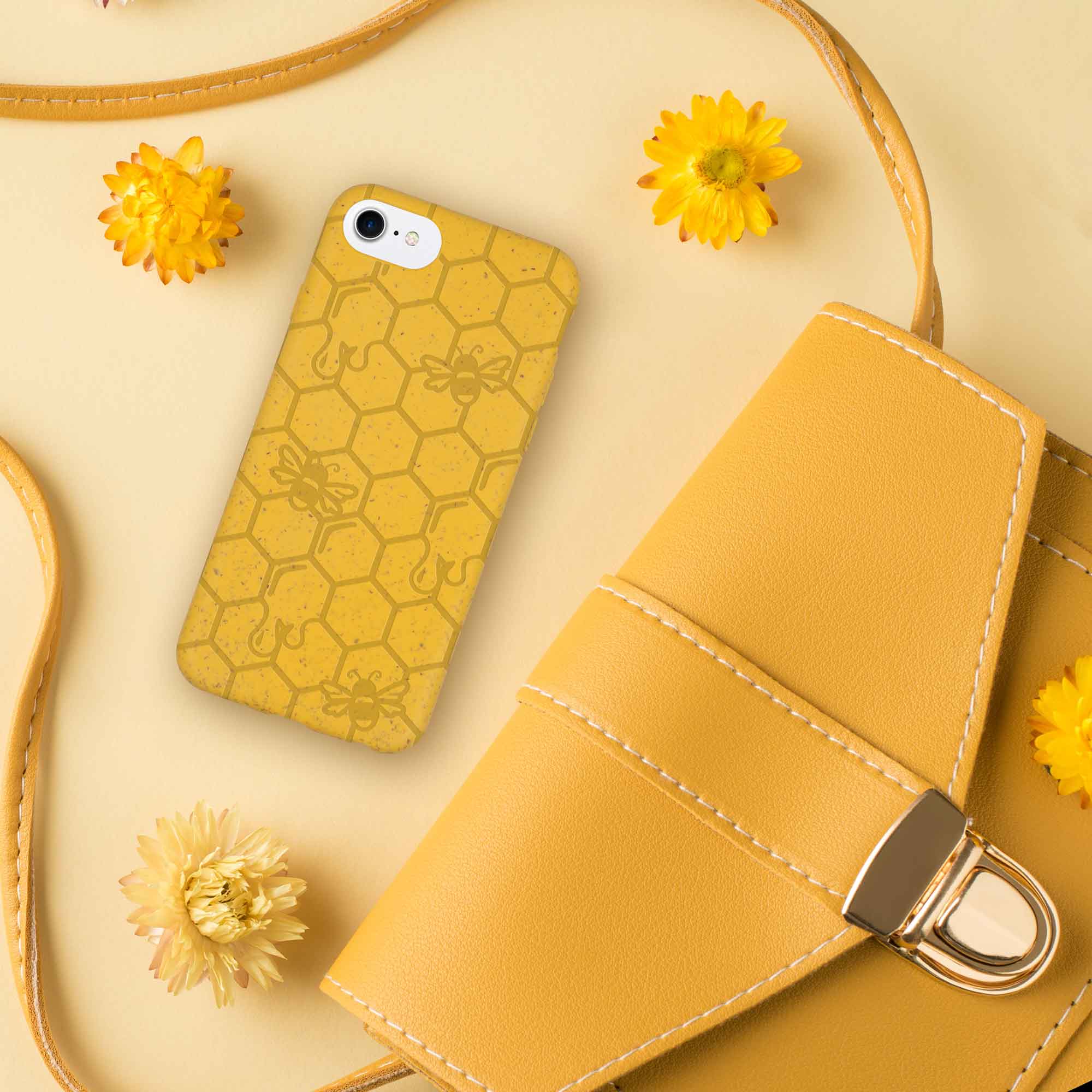 Estuche para teléfono biodegradable con grabado Bee Hive, amarillo