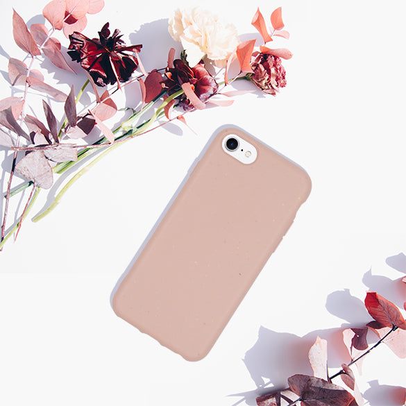 Pastel Pink Biodegradable phone case with flowers around