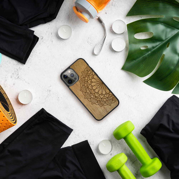 Wood Engraved Mandala Case Fitness Flatlay