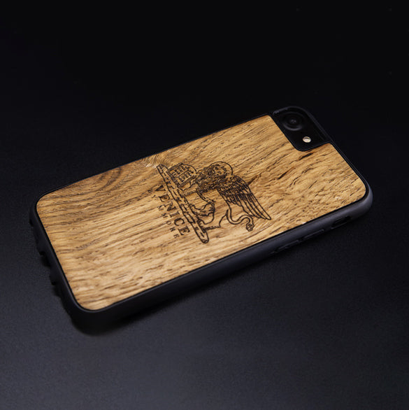 Ancient Venice Lion Wood Phone Case on black background