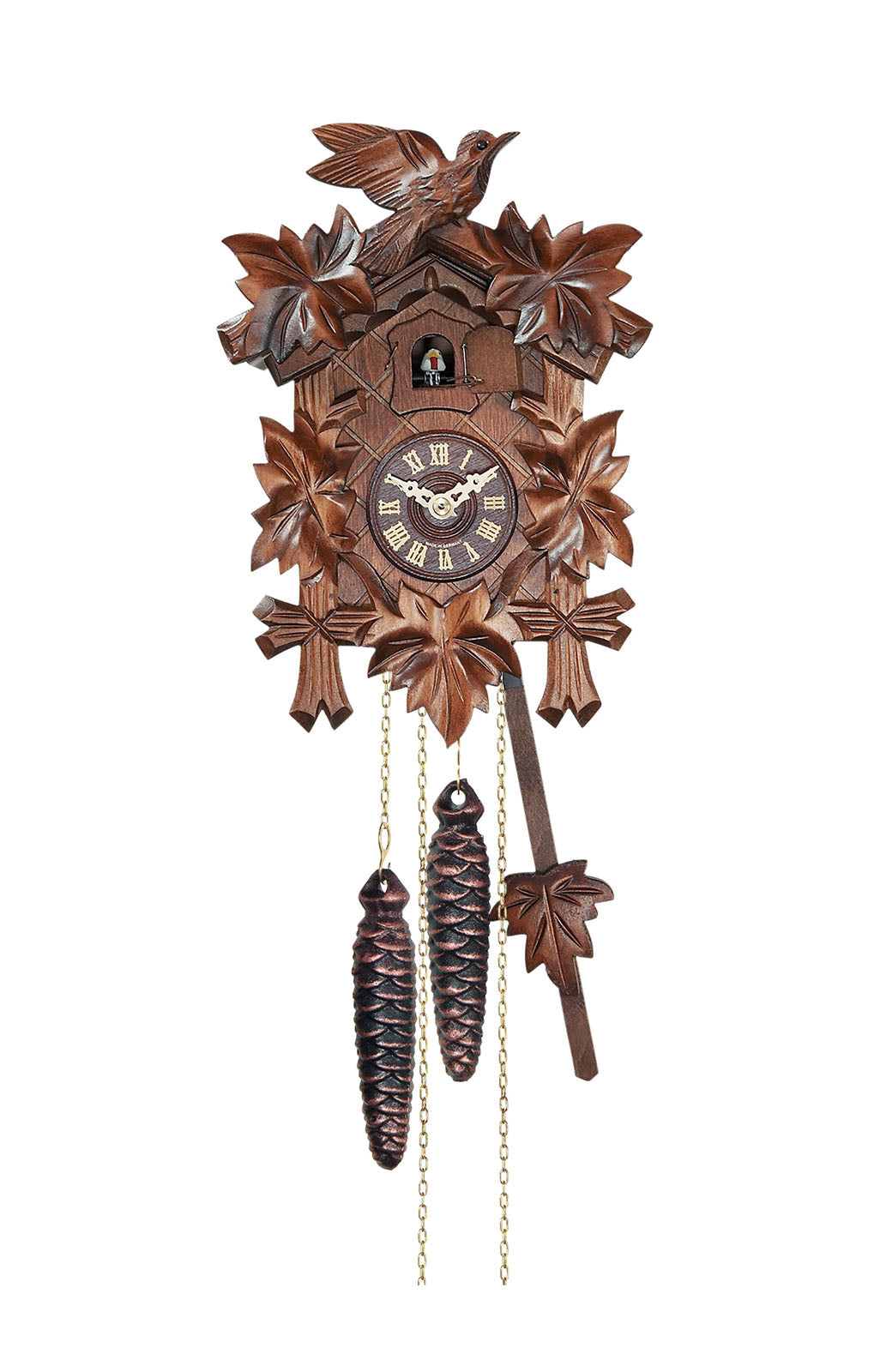 Carved battery-powered cuckoo clock with cuckoo bird and five maples l ...