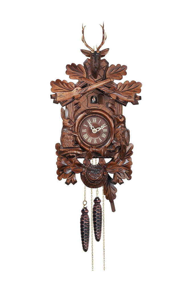 Carved battery-powered 'Hunting-style' cuckoo clock with deer head, ri ...