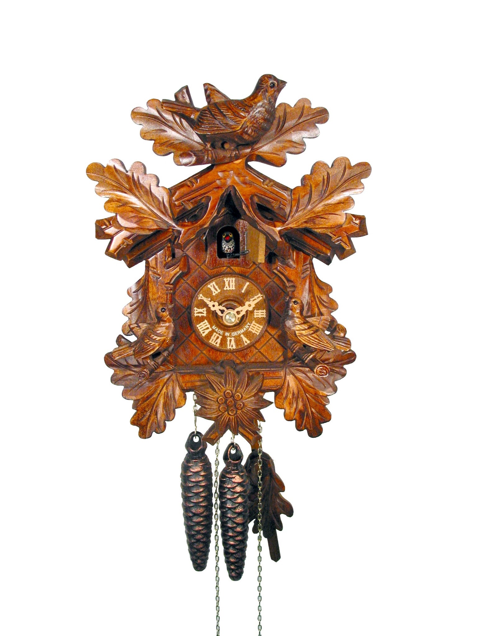 Carved 1-day 3 Birds & Oak Leaves cuckoo clock 26cm by August Schwer ...