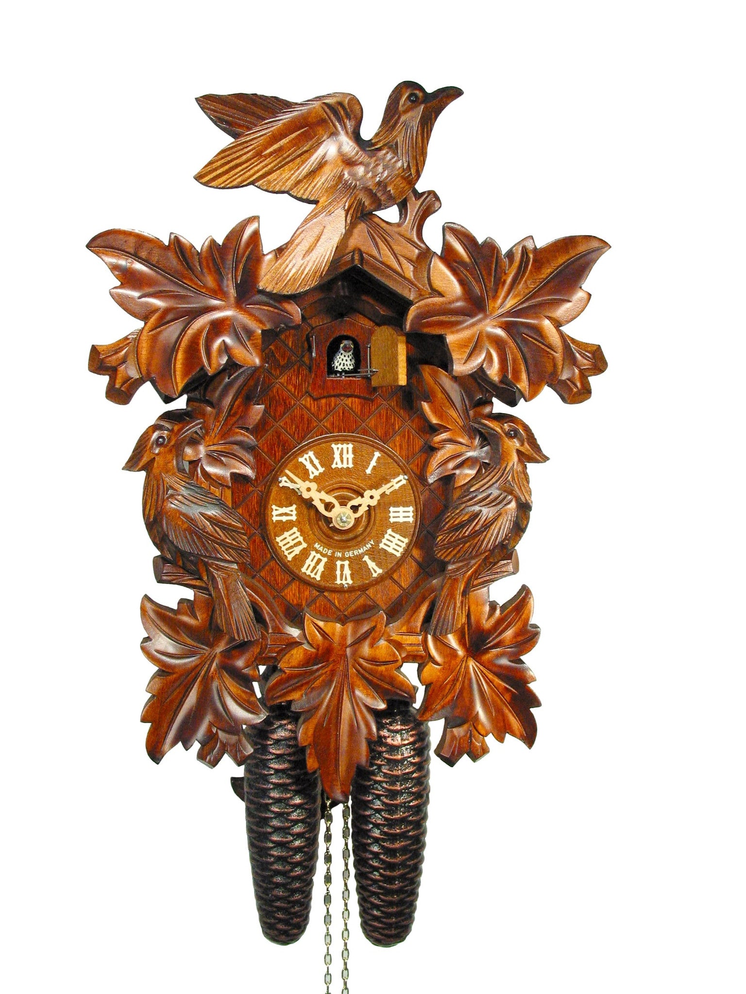 Carved 8-day cuckoo clock with three birds and seven leaves 35cm by Au ...