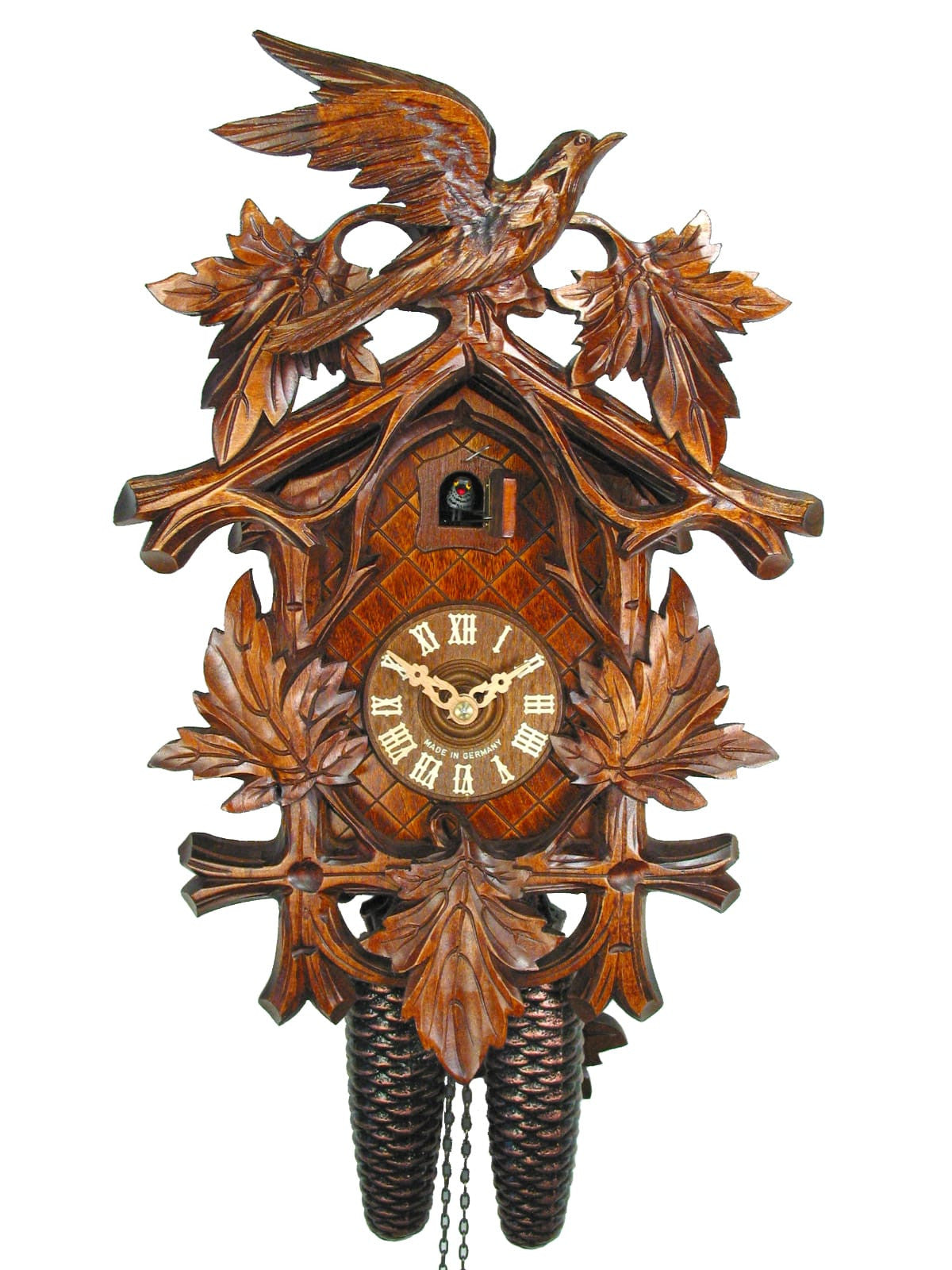 Carved 8-day cuckoo clock with a large bird and five maple leaves 38cm ...