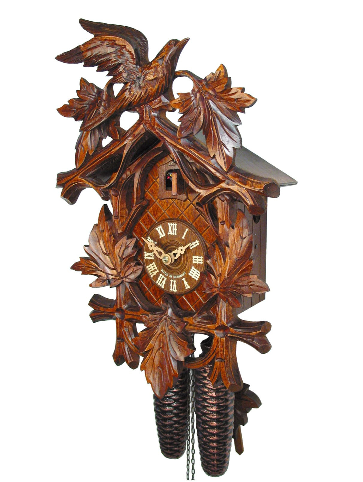 Carved 8-day cuckoo clock with a large bird and five maple leaves 38cm ...